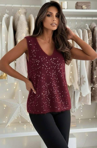 Yolanda Eyelash Textured Sequin V-Neck Sleeveless Blouse Top-Wine