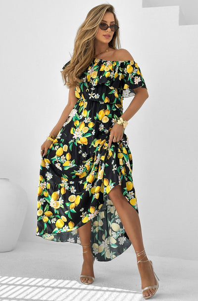 Yuna Lemon Print Frill Overlay Maxi Dress-Black