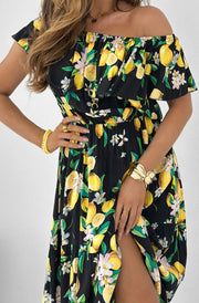 Yuna Lemon Print Frill Overlay Maxi Dress-Black