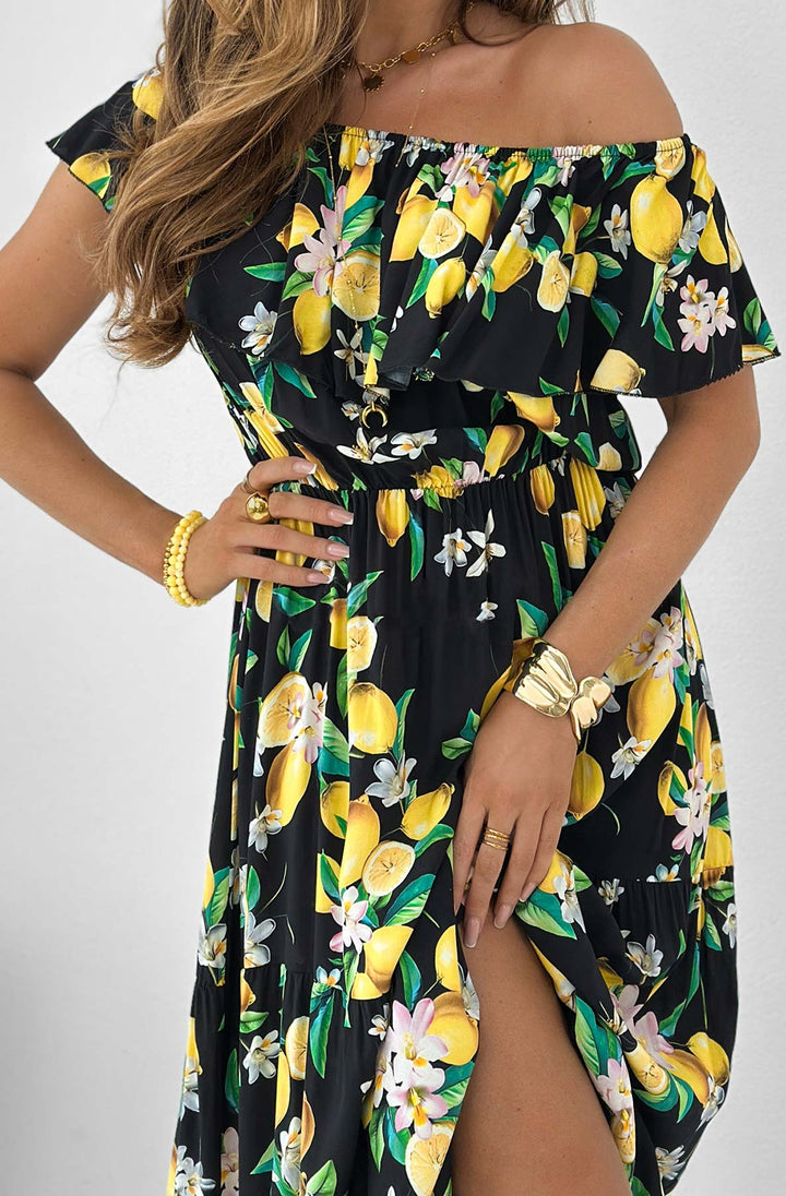 Yuna Lemon Print Frill Overlay Maxi Dress-Black
