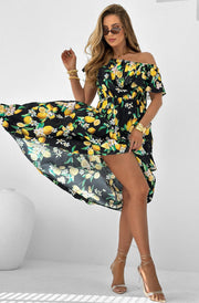 Yuna Lemon Print Frill Overlay Maxi Dress-Black