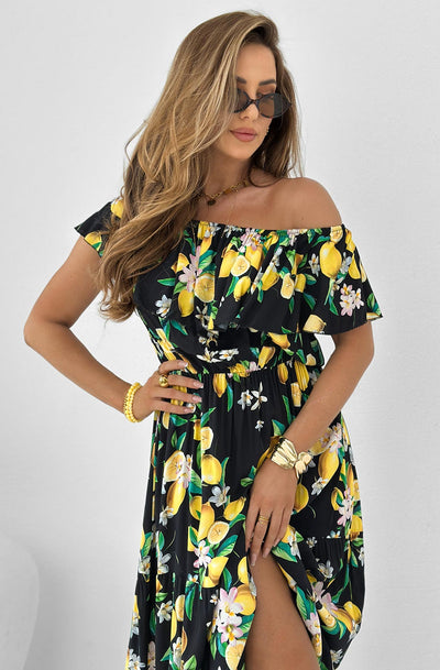 Yuna Lemon Print Frill Overlay Maxi Dress-Black