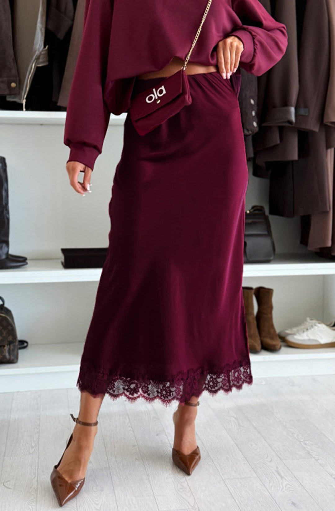 Zabrina Satin Lace Trim Midi Skirt - Wine
