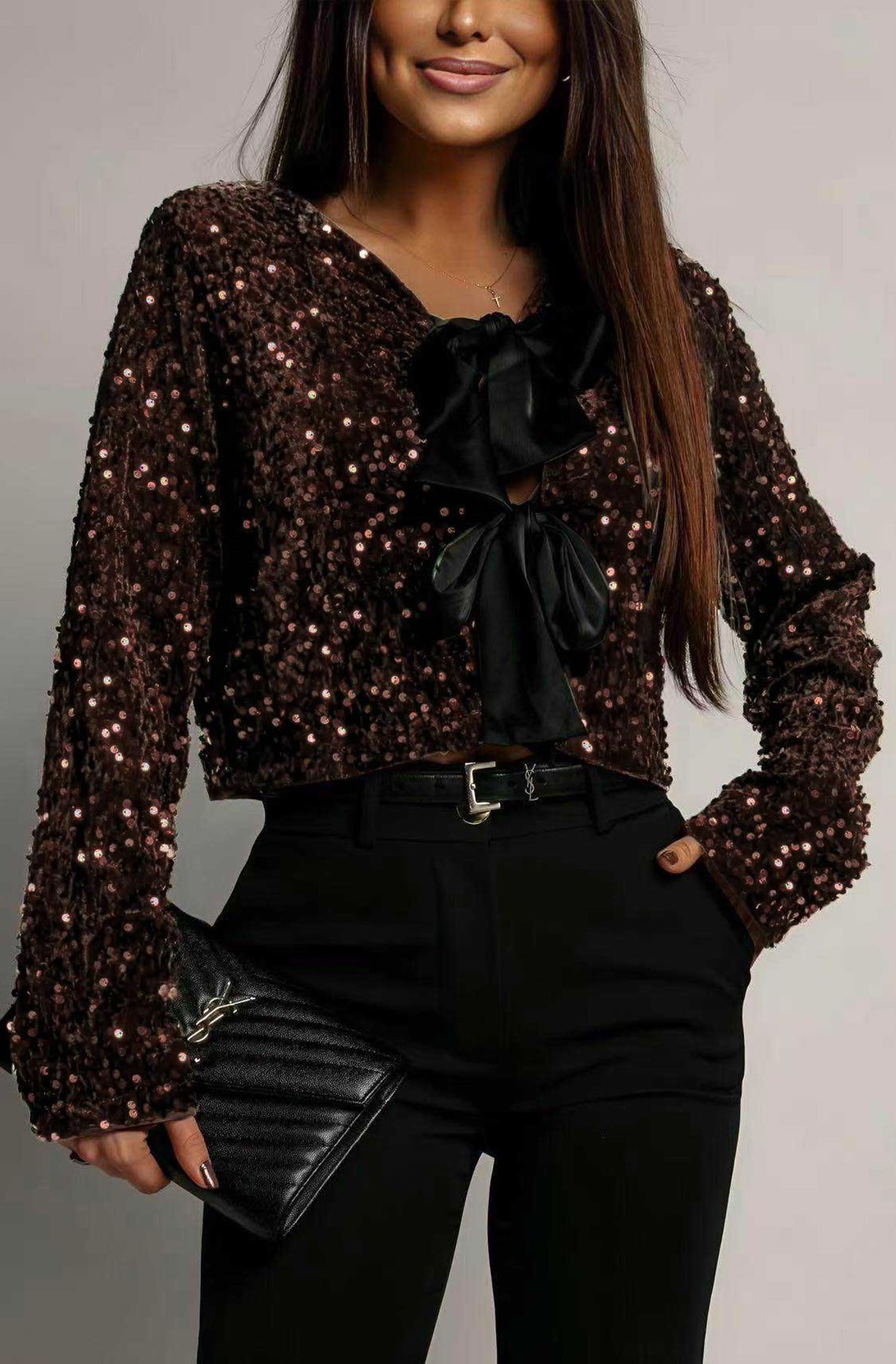 Zafira Sequin Bow Tie Cropped Blouse Top-Brown