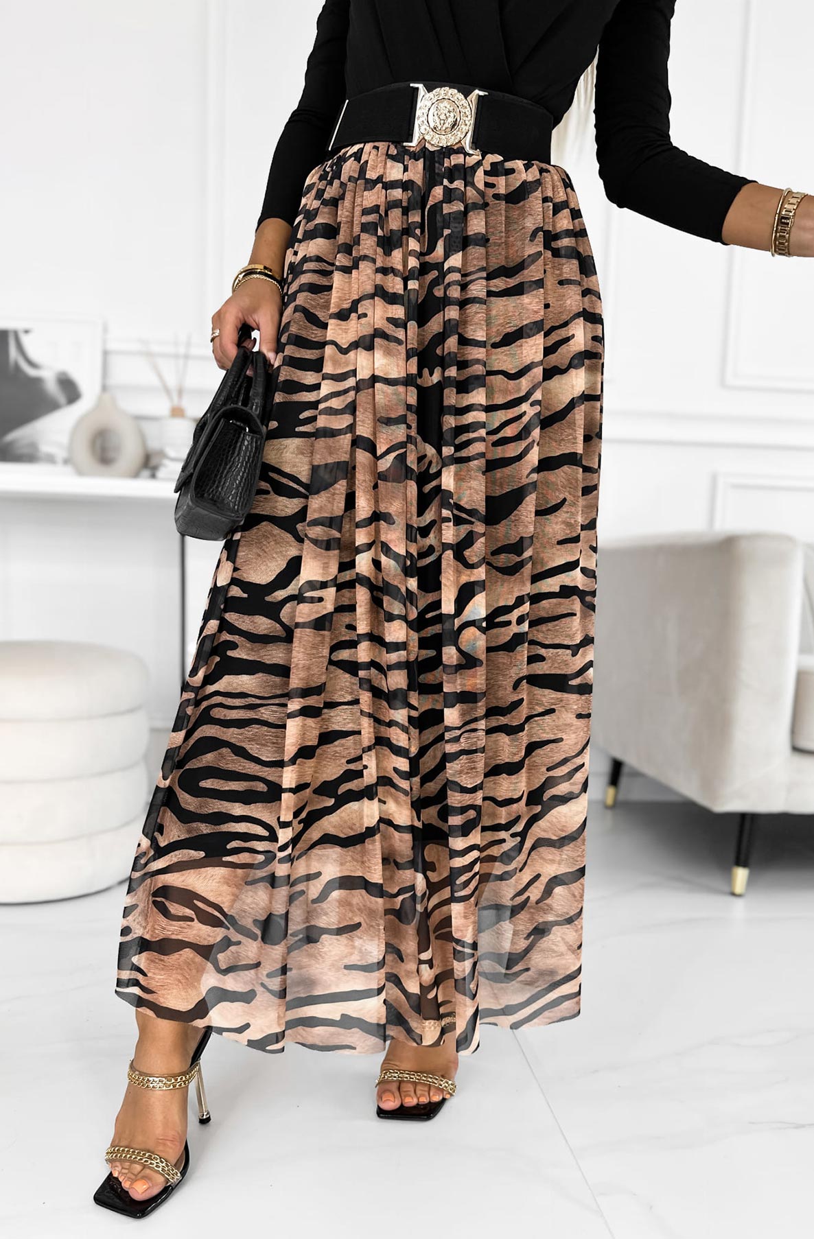 Zaira Tiger Animal Print Maxi Skirt-Brown