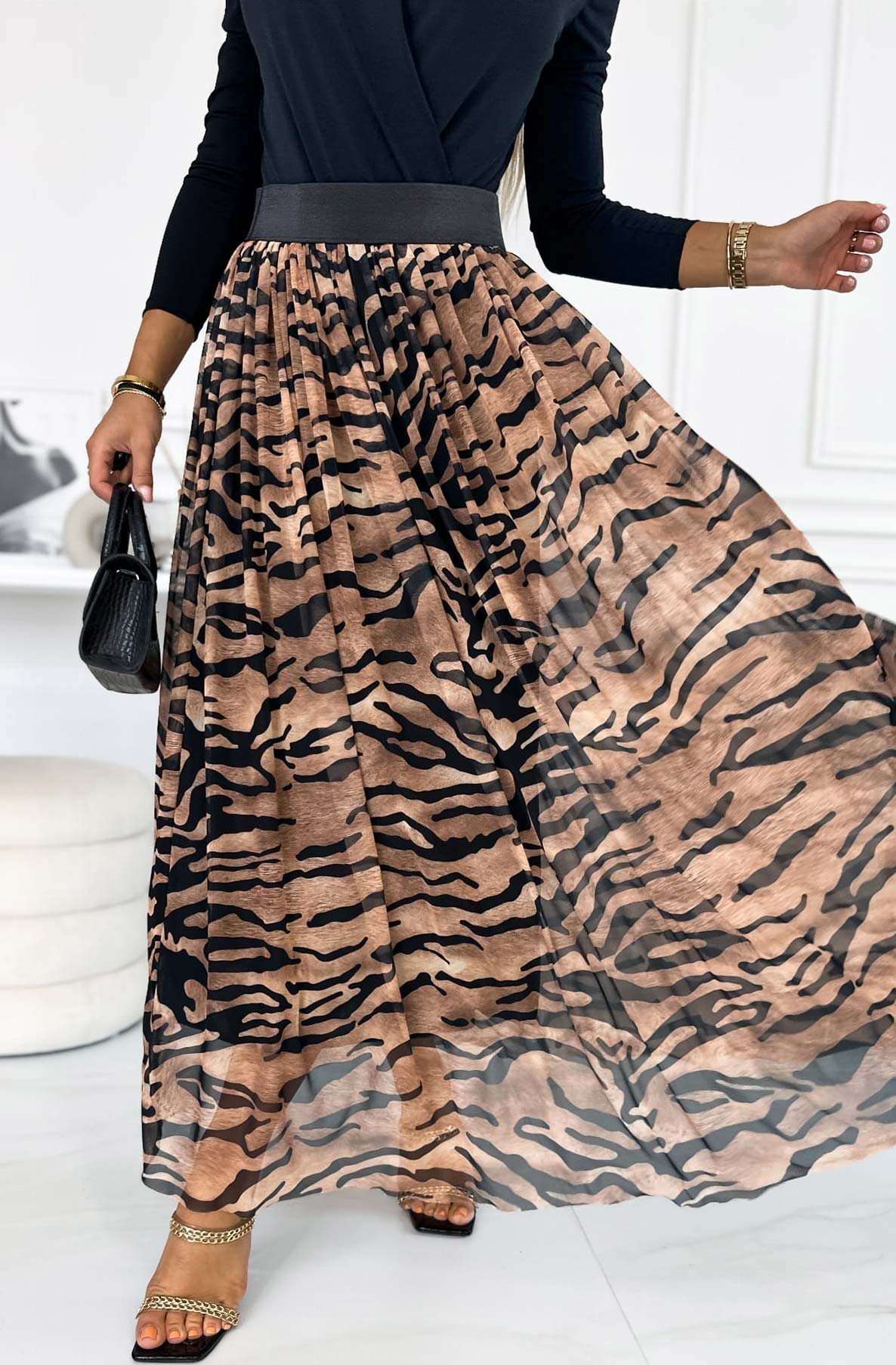 Zaira Tiger Animal Print Maxi Skirt-Brown