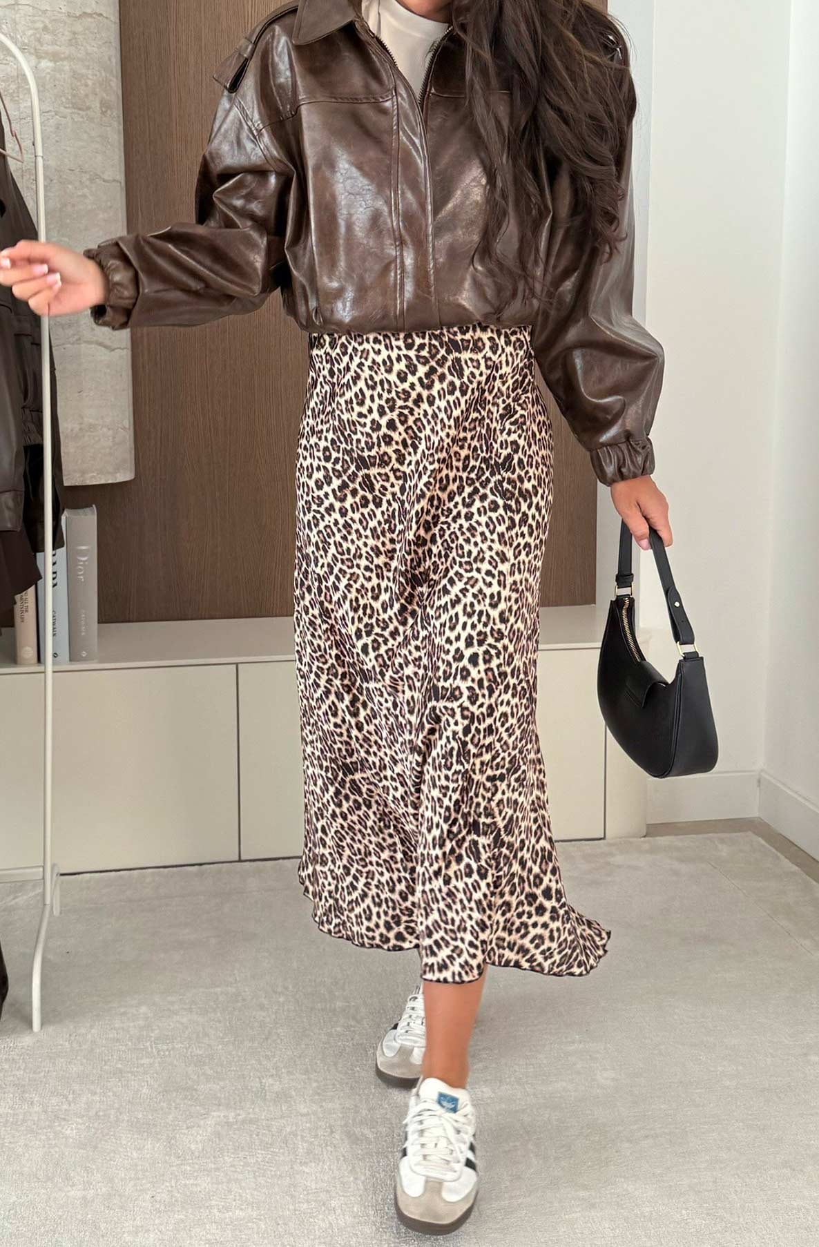 Zara Satin Leopard Print Midaxi Skirt-Brown