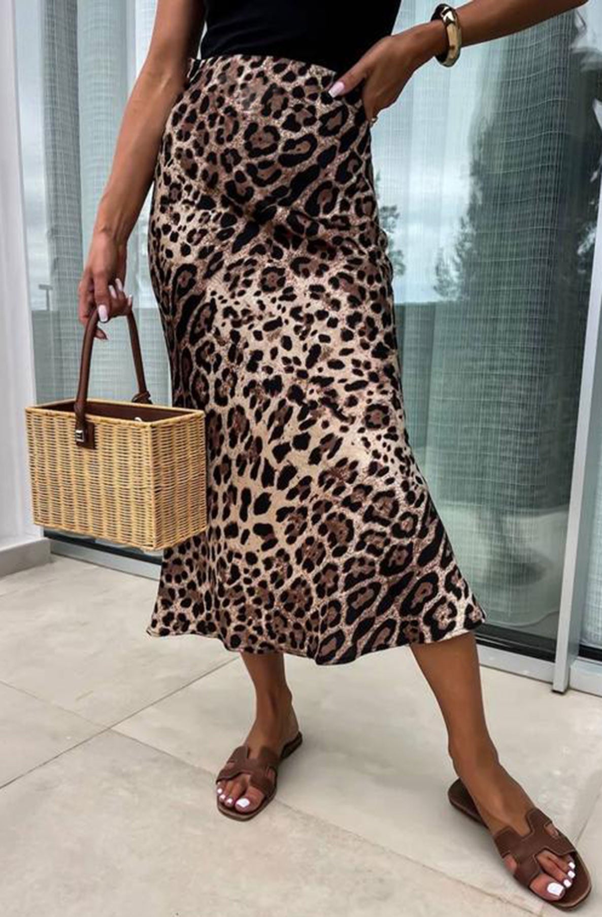 Zara Satin Leopard Print Midaxi Skirt-Dark Brown