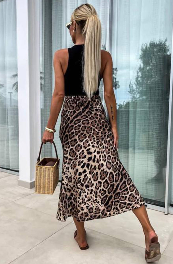 Zara Satin Leopard Print Midaxi Skirt-Dark Brown