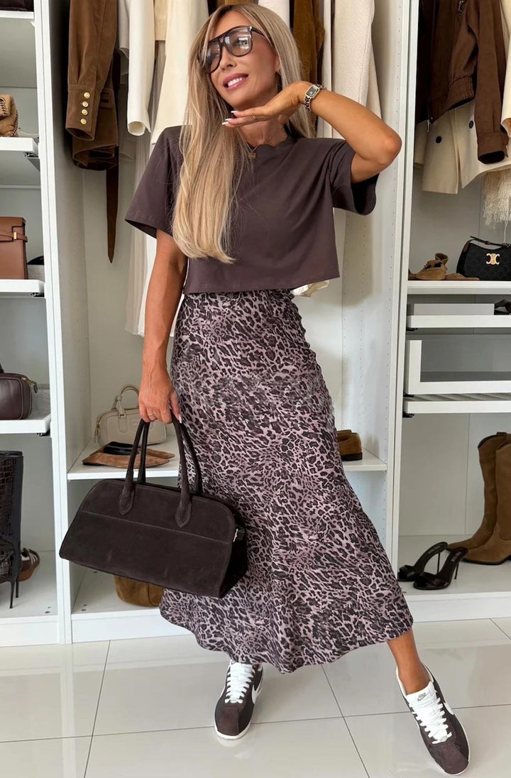 Zara Satin Leopard Print Midaxi Skirt-Mauve