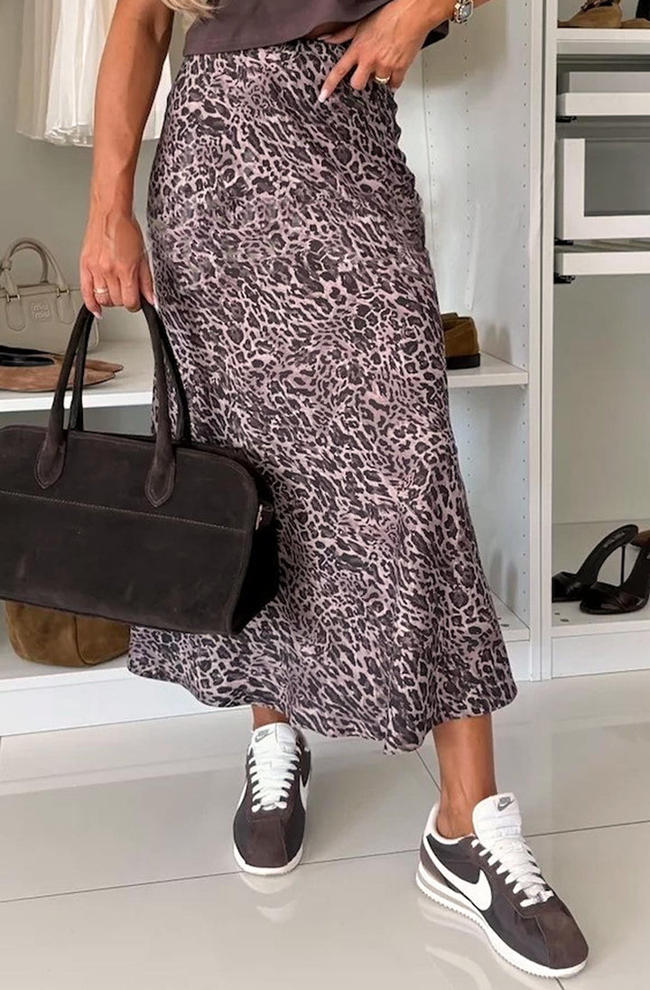 Zara Satin Leopard Print Midaxi Skirt-Mauve