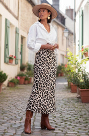 Zara Satin Leopard Print Midaxi Skirt-Stone