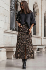 Zaya Leopard Denim Front Slit Flared Midaxi Skirt-Brown