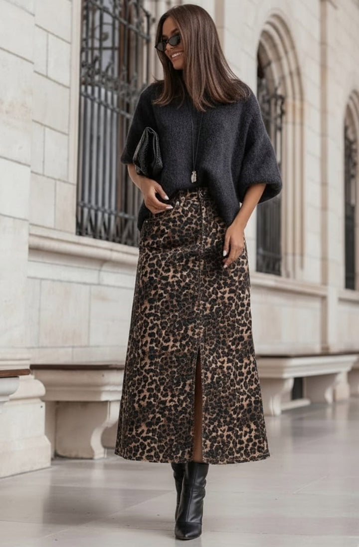 Zaya Leopard Denim Front Slit Flared Midaxi Skirt-Brown