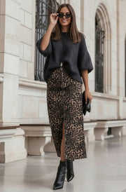 Zaya Leopard Denim Front Slit Flared Midaxi Skirt-Brown
