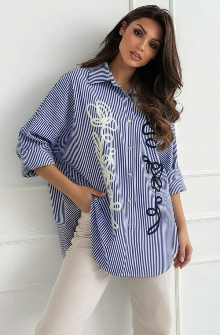 Zella Oversized Abstract Embroidered Stripe High Low Shirt Top- Dark Blue