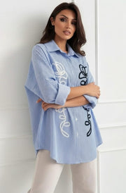 Zella Oversized Abstract Embroidered Stripe High Low Shirt Top- Light Blue