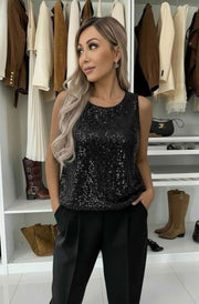 Zenya Sequin Leopard Sleeveless Blouse Top-Black