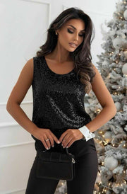 Zenya Sequin Leopard Sleeveless Blouse Top-Black