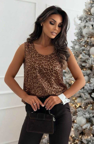Zenya Sequin Leopard Sleeveless Blouse Top-Rust