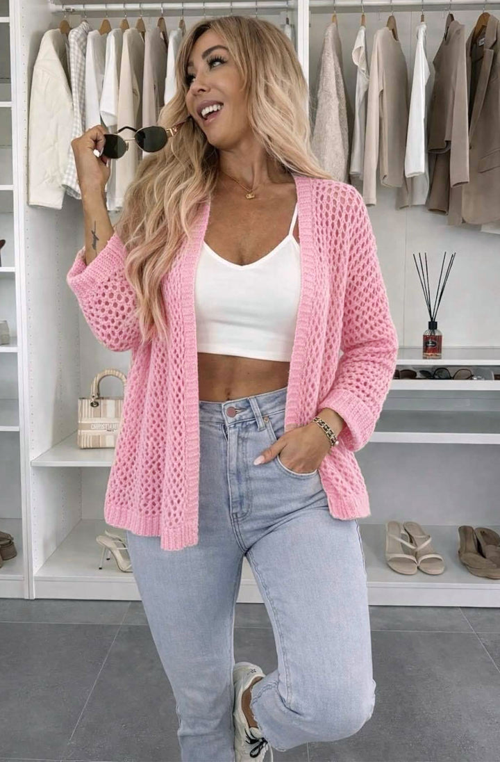 Zora Loose Open Knit Lightweight Cardigan - Baby Pink