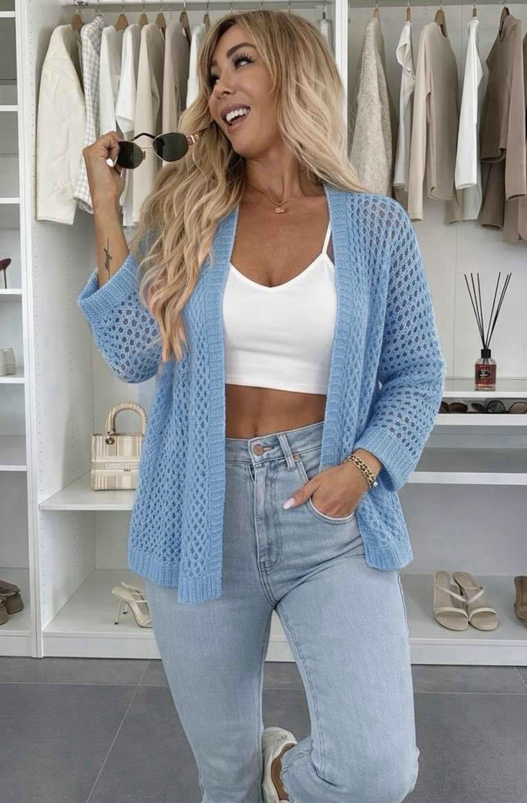 Zora Loose Open Knit Lightweight Cardigan - Blue