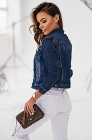 Zula Cropped Frayed Denim Jacket-Dark Blue