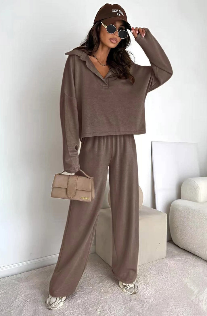 Zuma Collared Two Piece Co-Ord Loungewear Set-Brown