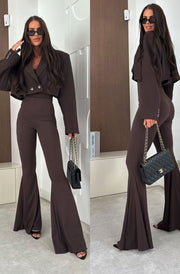 Zuzana High Waist Flare Stretch Trousers-Brown