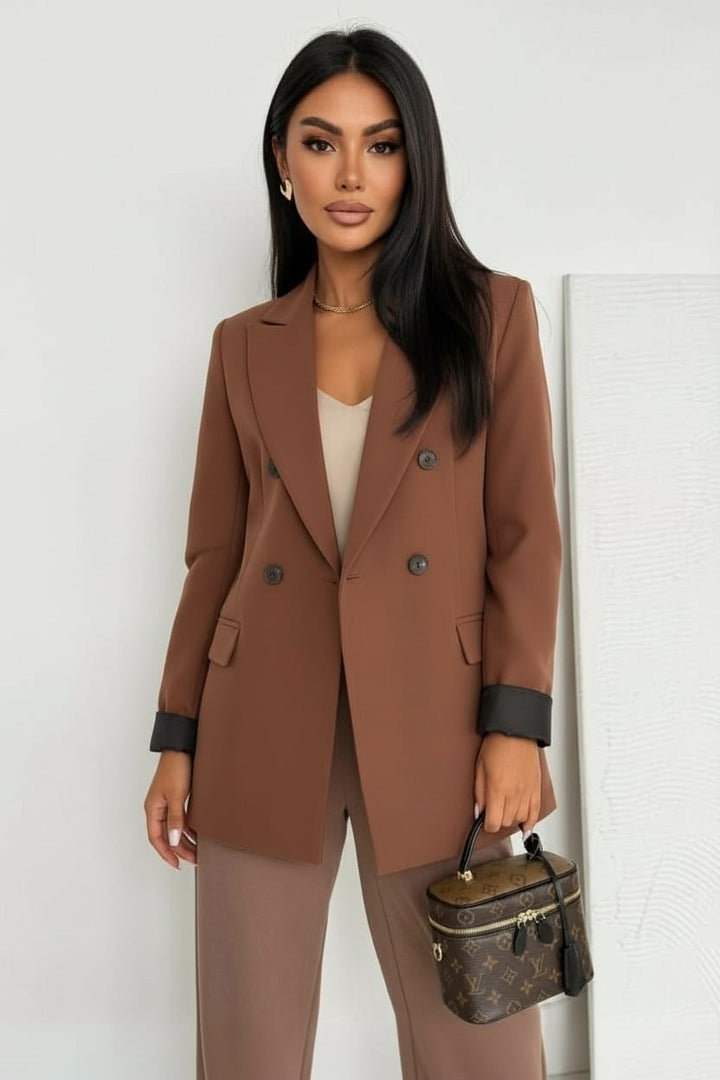 Myla Oversized Faux Leather Blazer Jacket - Brown