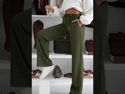 Sarah Elasticated Waist Drawstring Pocket Wide Leg Trousers-Khaki