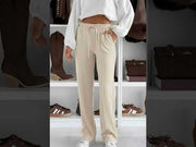 Sarah Elasticated Waist Drawstring Pocket Wide Leg Trousers-Stone