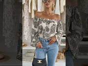 Aylene Paisley Bardot Off-Shoulder Blouse Top-Black