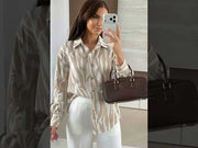 Elona Oversized Abstract Zebra Print Long Sleeve Shirt Top-Stone