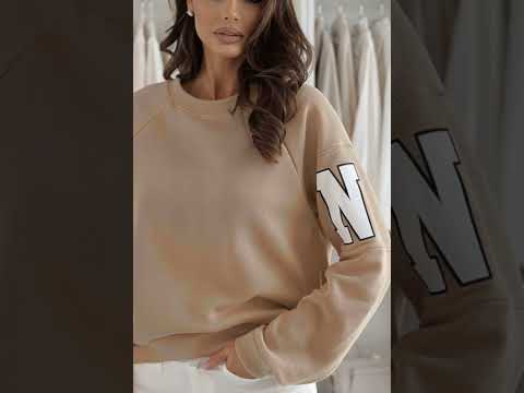 Amber ‘RKNE’ Oversized Raglan Letter Sleeve Sweatshirt Top-Stone
