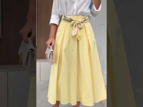 Henrieta Scarf Belt Pleated Pocket Midi Skirt-Yellow