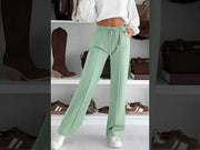 Sarah Elasticated Waist Drawstring Pocket Wide Leg Trousers-Sage