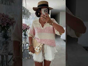 Jemma Melange Striped Polo Collar Lightweight Knit Top-Pink