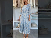 Teodora Rose Floral Pleated Belted Chiffon Maxi Dress-Blue