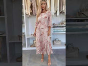 Teodora Rose Floral Pleated Belted Chiffon Maxi Dress-Mauve