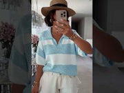 Jemma Melange Striped Polo Collar Lightweight Knit Top-Blue