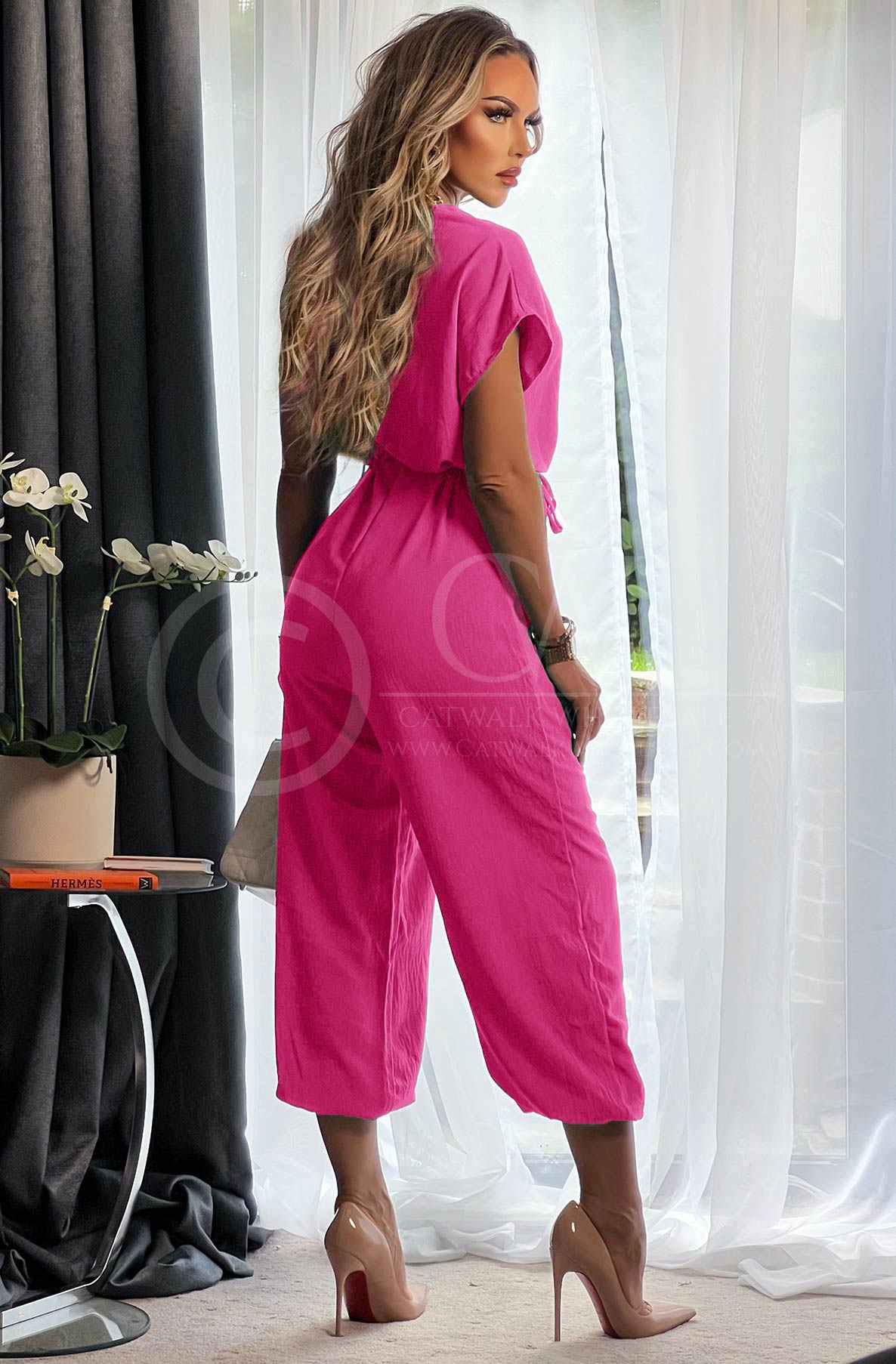 Ashanti Short Sleeve Belted Jumpsuit-Hot Pink