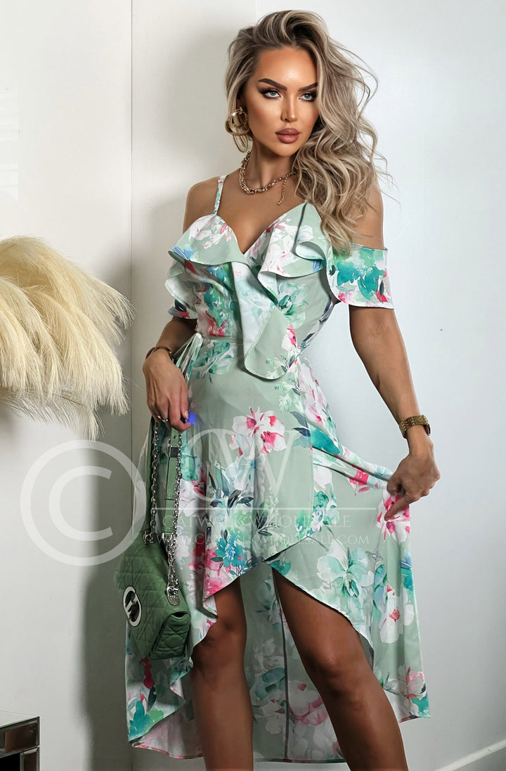 Julia Floral Frill Wrap Asymmetric Dress Sage