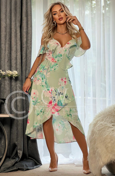 Julia Floral Frill Wrap Asymmetric Dress-Sage