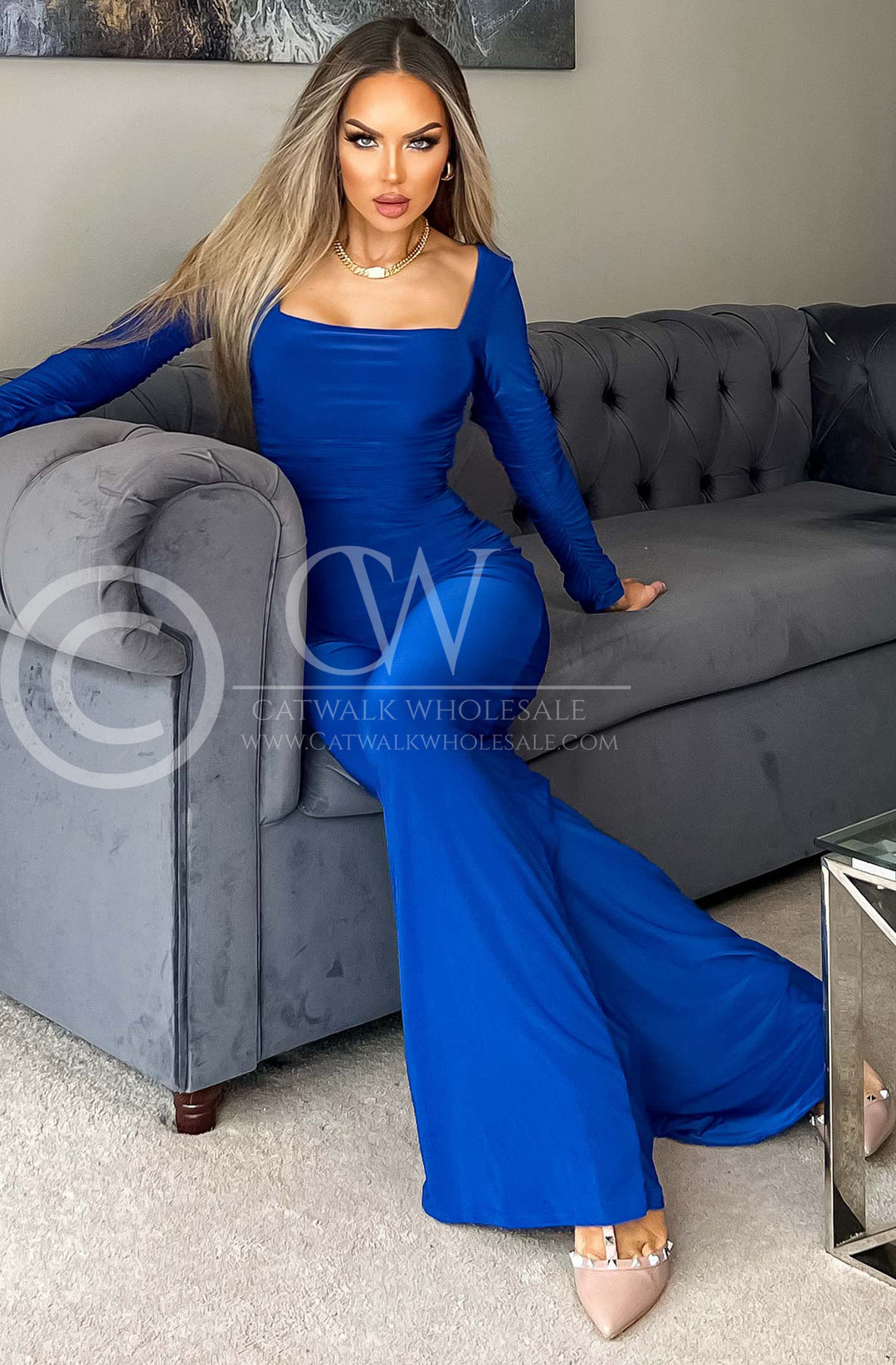 Stefania Ruched Wide Leg Jumpsuit - Royal Blue