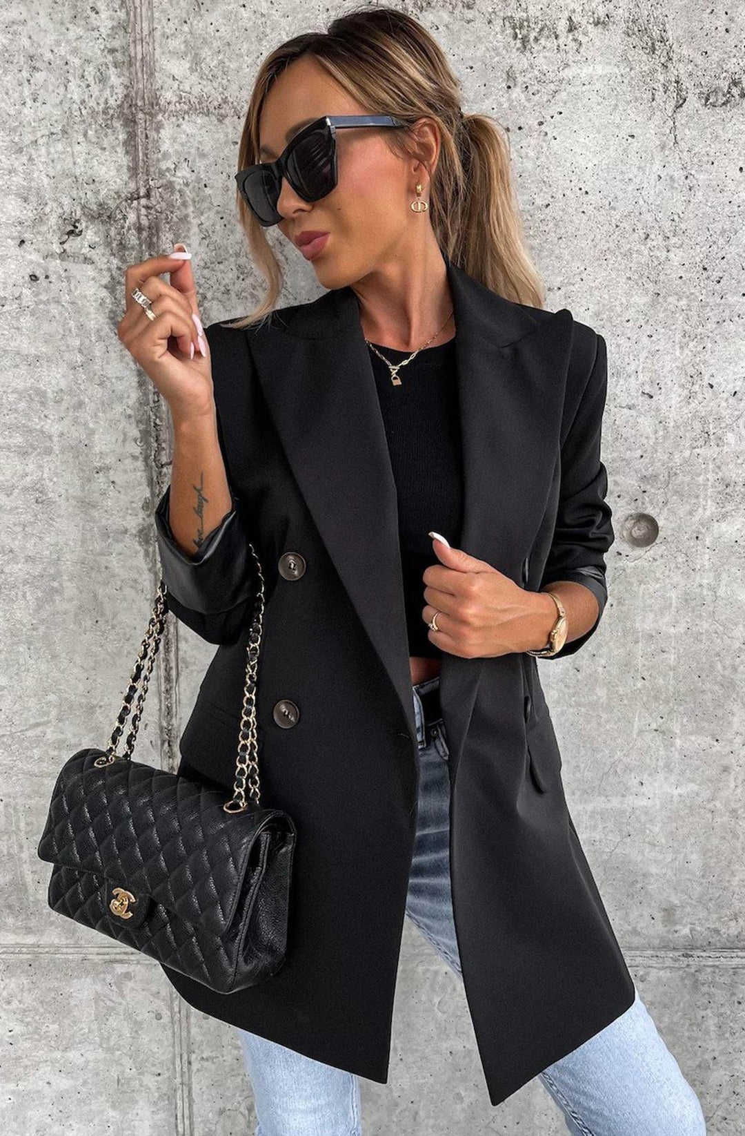Myla Oversized Faux Leather Blazer Jacket - Black
