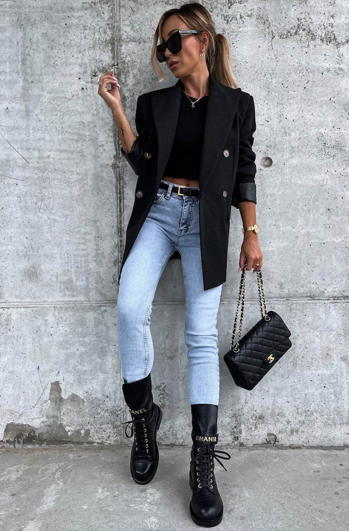 Myla Oversized Faux Leather Blazer Jacket - Black