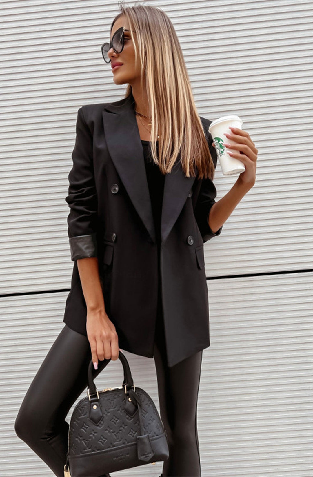 Myla Oversized Faux Leather Blazer Jacket - Black