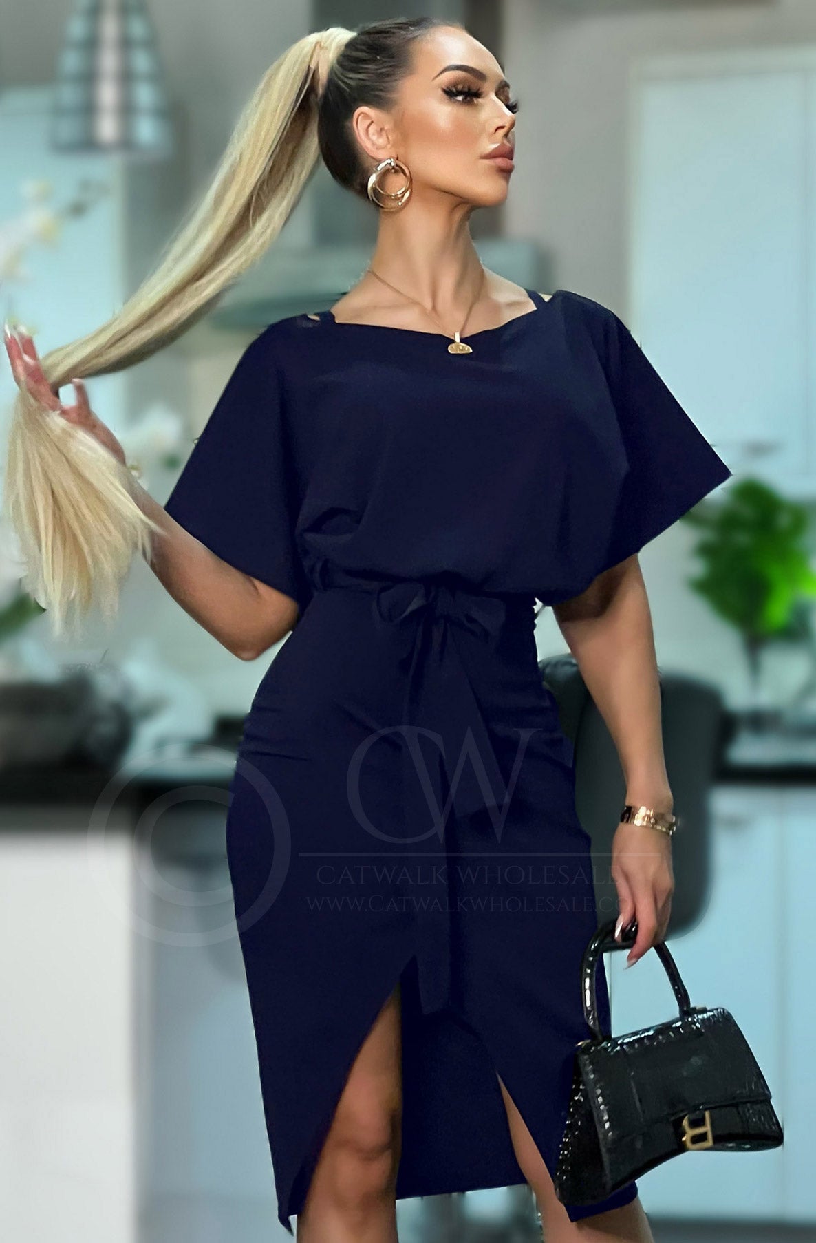 Judith Wrap Batwing Sleeves Bodycon Midi Dress-Navy