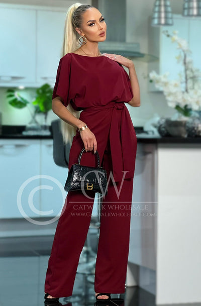 Judith Wide Leg Belted Batwing Jumpsuit-Wine